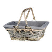 Grand panier rectangle en osier et bois gris -  habill&eacute; de tissu vichy vert