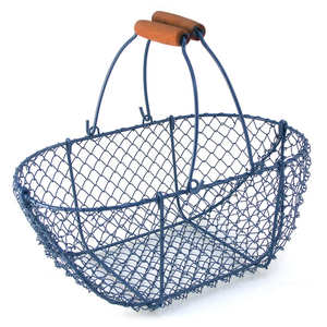 Panier grillage en m&eacute;tal bleu, anses avec poign&eacute;es bois