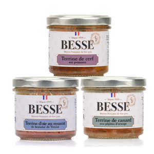Foie gras GA BESSE - Trio de terrines : Cerf aux pruneaux, Magret d'oie au Monbazillac et Canard aux p&eacute;pites d'orange