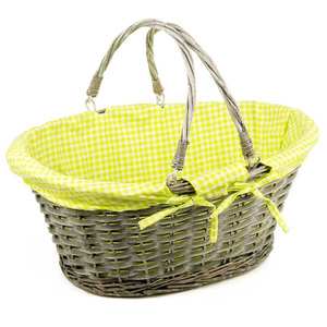 Grand panier ovale osier gris foncé habillé de tissu rayé Grand panier ovale osier gris foncé habillé de tissu rayé
