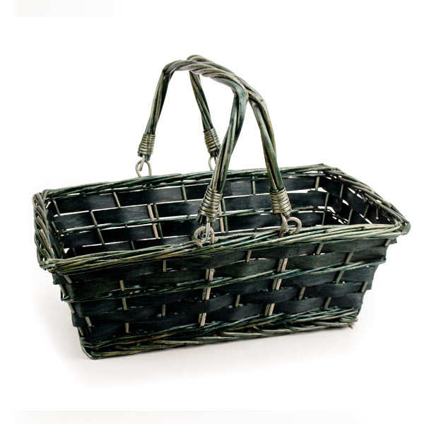 Brown wicker basket with two handles dark green Rectangle