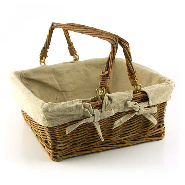 Medium size square wicker basket with two handles lined