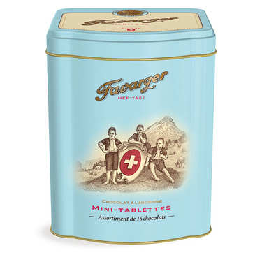 Metal box - 16 mini chocolate bars - swiss specialty Metal box - 16 mini chocolate bars - swiss specialty