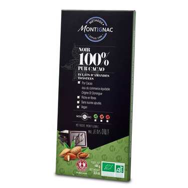 Organic Bar of Dark Chocolate Pure Cocoa 100% and Almonds - Montignac Organic Bar of Dark Chocolate Pure Cocoa 100% and Almonds - Montignac