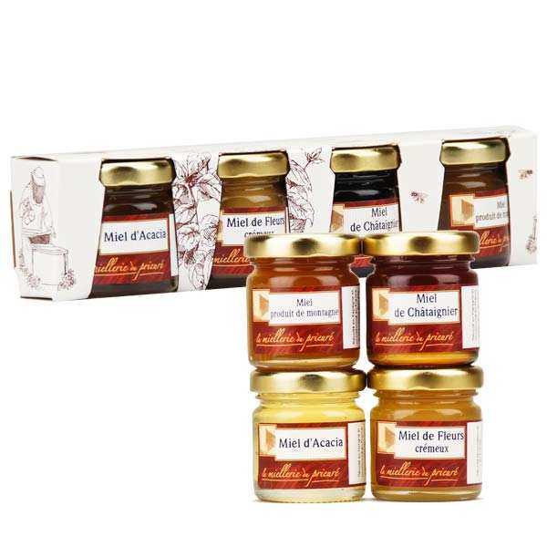 Coffret 4 miels acacia, châtaignier, printemps, montagne - 4 verrines de 50g