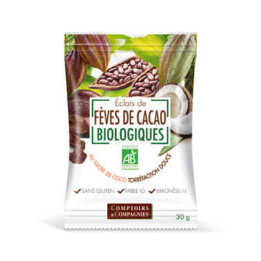 Eclats de fèves de cacao torréfiées enrobés de sucre de coco bio Eclats de fèves de cacao torréfiées enrobés de sucre de coco bio