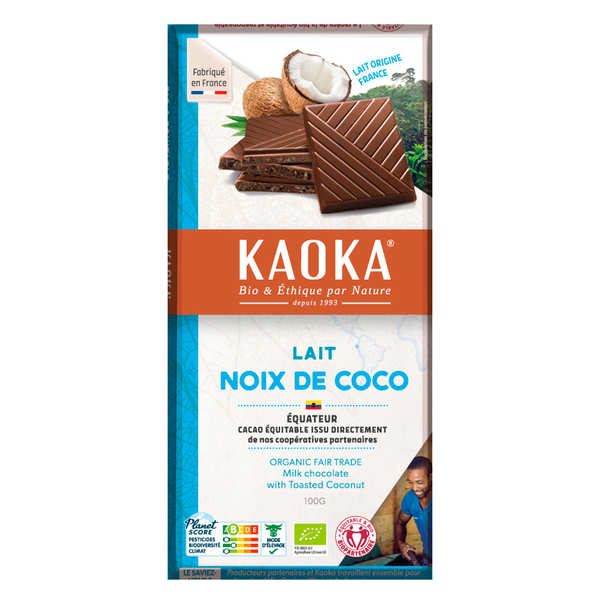 Tablette de chocolat au lait 32 à la noix de coco bio Kaoka