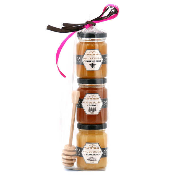 3 Honey Jars Gift Set and wood dipper - BienManger Paniers Garnis