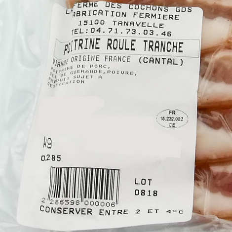 La ferme des cochons gourmands - Poitrine roulée tranchée de porc fermier du Cantal