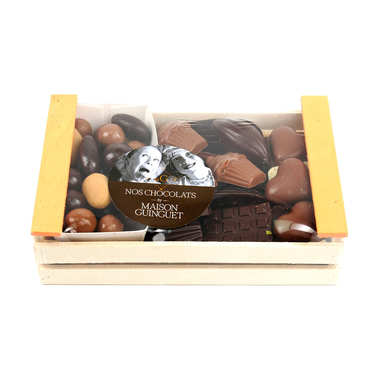 Assortiment de chocolats en cagette bois - 400g Assortiment de chocolats en cagette bois - 400g