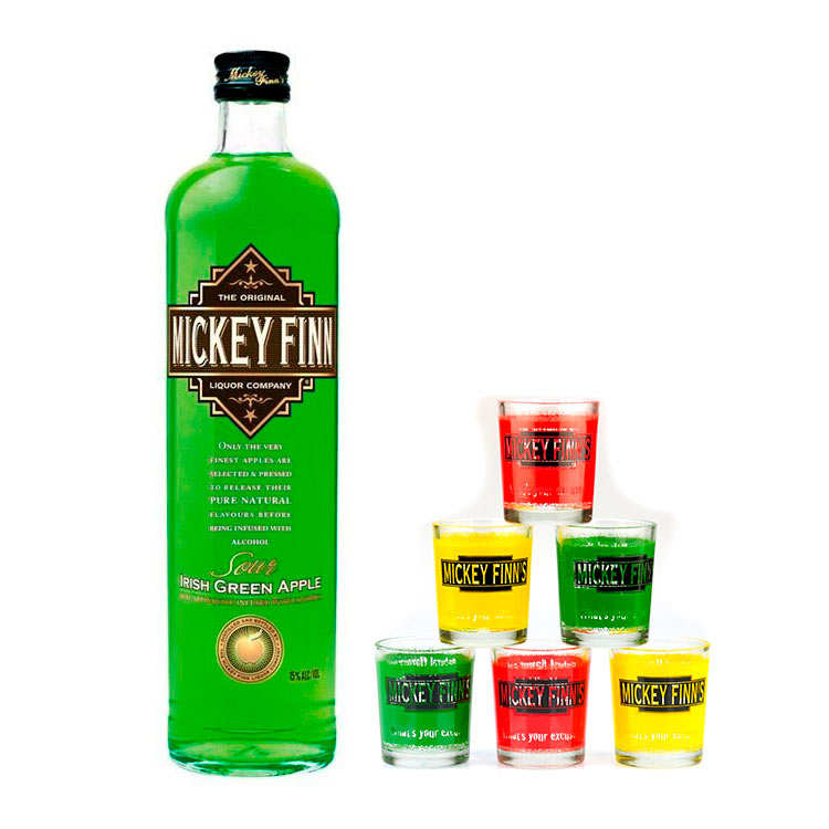 Mickey Finn's Irish Green Apple Liqueur and 6 glasses - Mickey Finn