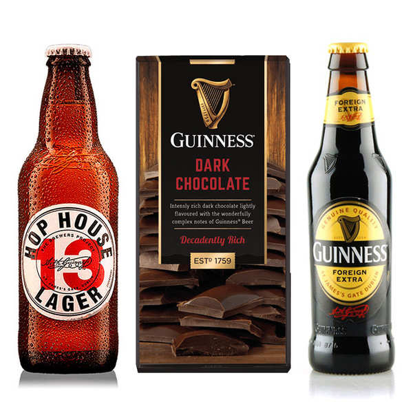 Guinness flavored chocolate bar and its 2 beers Brasserie Guinness