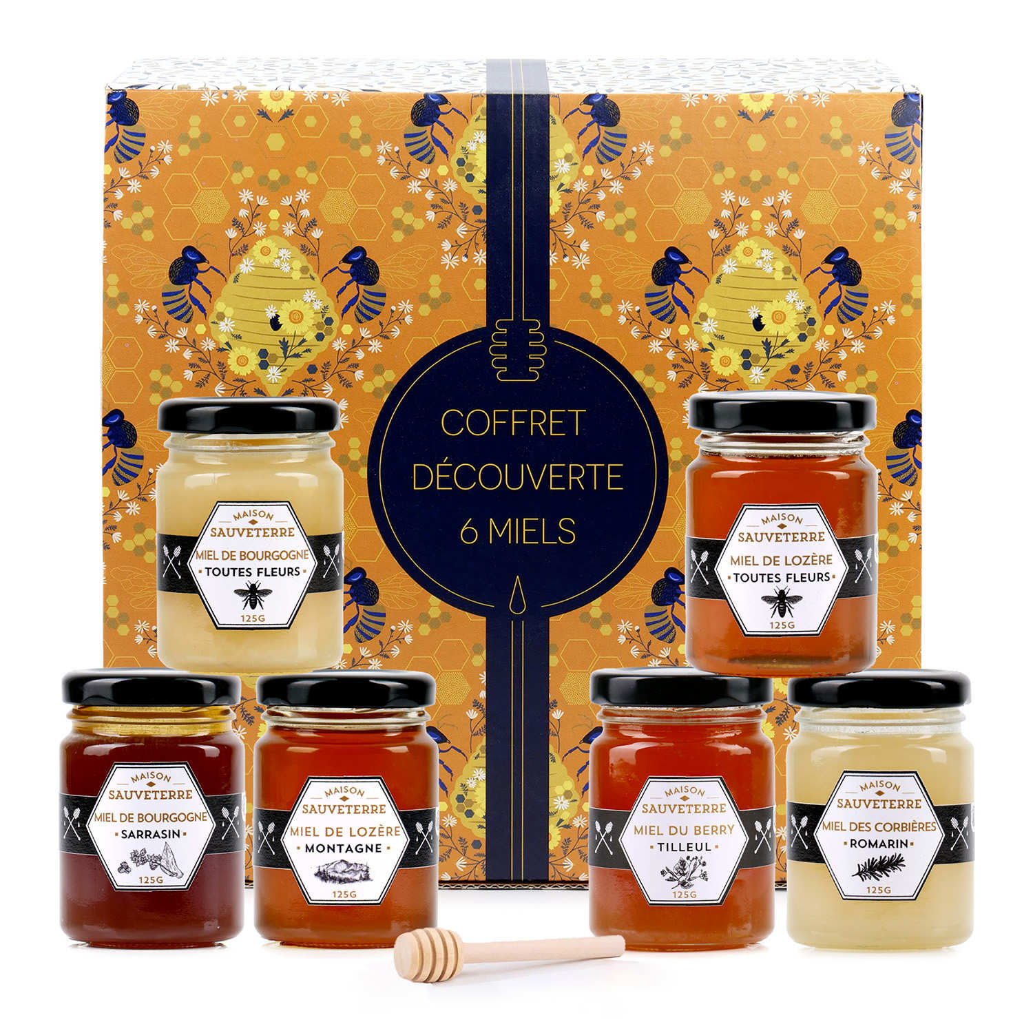 6 Honey Jars Gift Set and wood dipper Maison Sauveterre