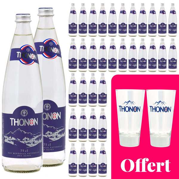 36 bouteilles eau minérale naturelle plate de Haute Savoie Thonon et 2  verres offerts - Thonon