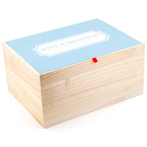 Large wooden box with blue lid