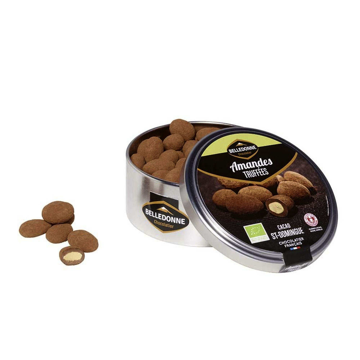 Box of almonds coated with chocolate and cocoa powder Belledonne