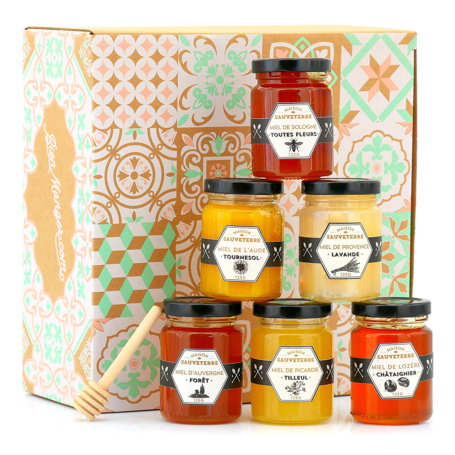 Gift box of 6 honeys and honey spoon - Maison Sauveterre