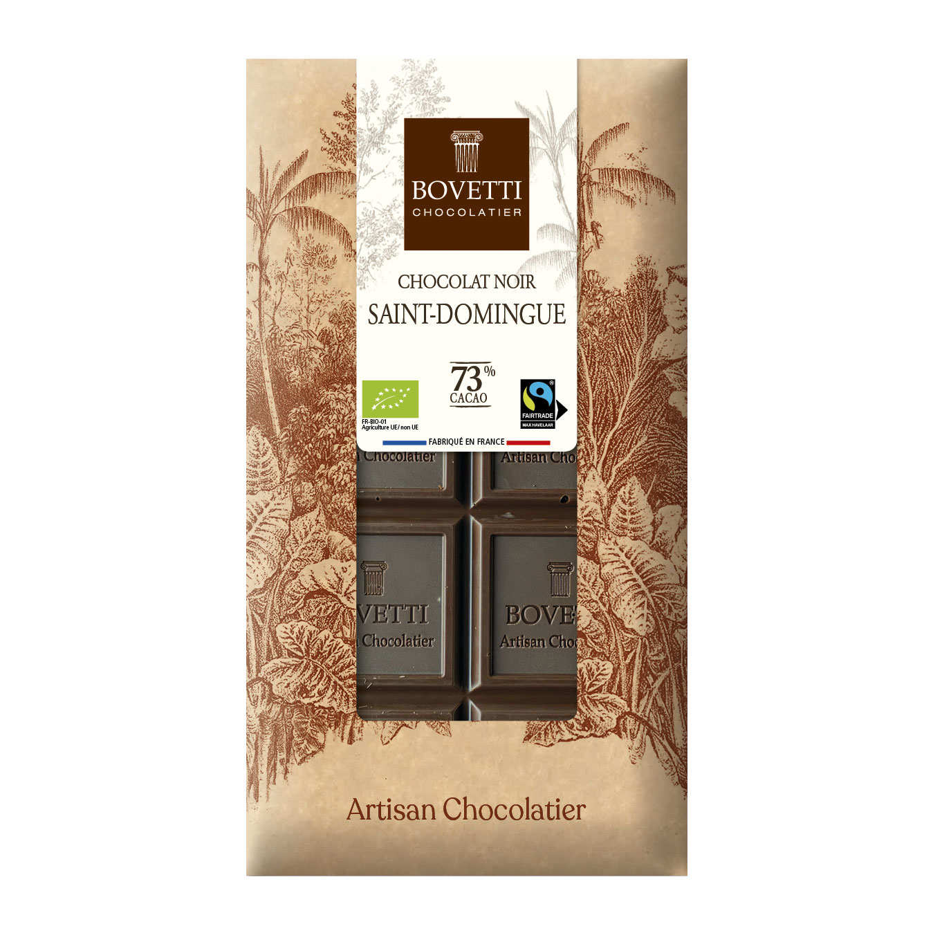 Fair trade organic dark chocolate bar St Domingue 73 cocoa Bovetti