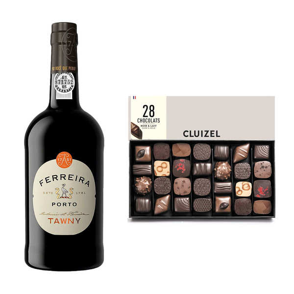 Porto rouge Ferreira Tawny et coffret de chocolat Michel Cluizel - Lot porto rouge + chocolats