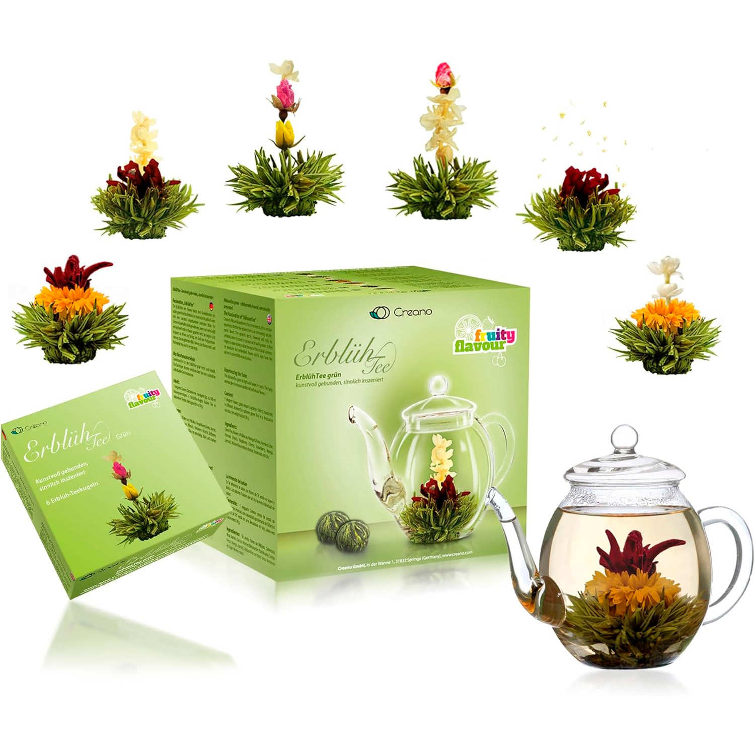 Coffret Creano thé noir, fleurs de thé (6 pièces) et théière en
