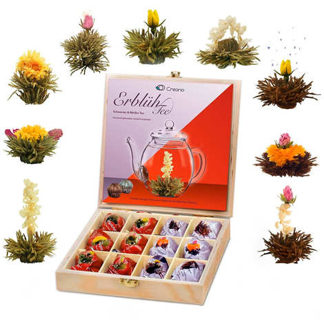 Coffret cadeau 12 fleurs de thé noir et blanc dans une boîte en bois