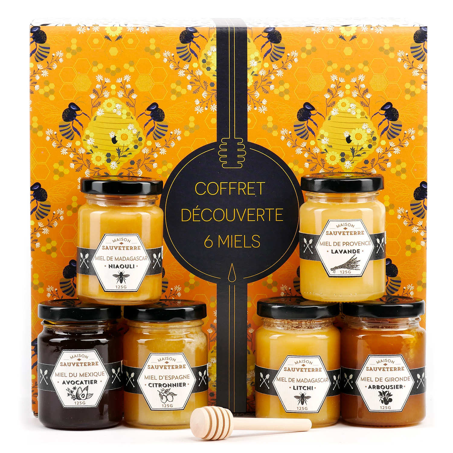 Coffret cadeau 3 miels de France et cuillère à miel - Maison