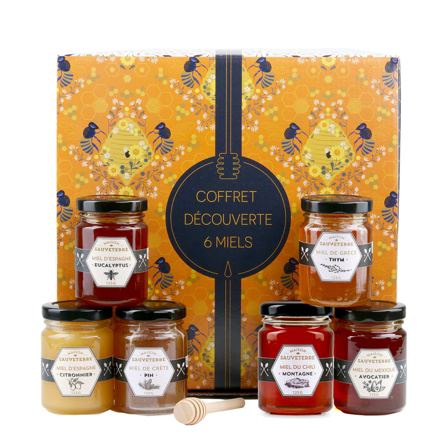 Assortment of 6 honeys of the world and 1 honey spoon Maison Sauveterre