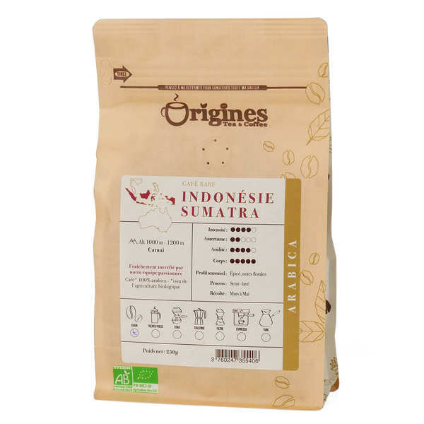 Café en grains bio - Indonésie Sumatra Pur Arabica - Sachet 250g