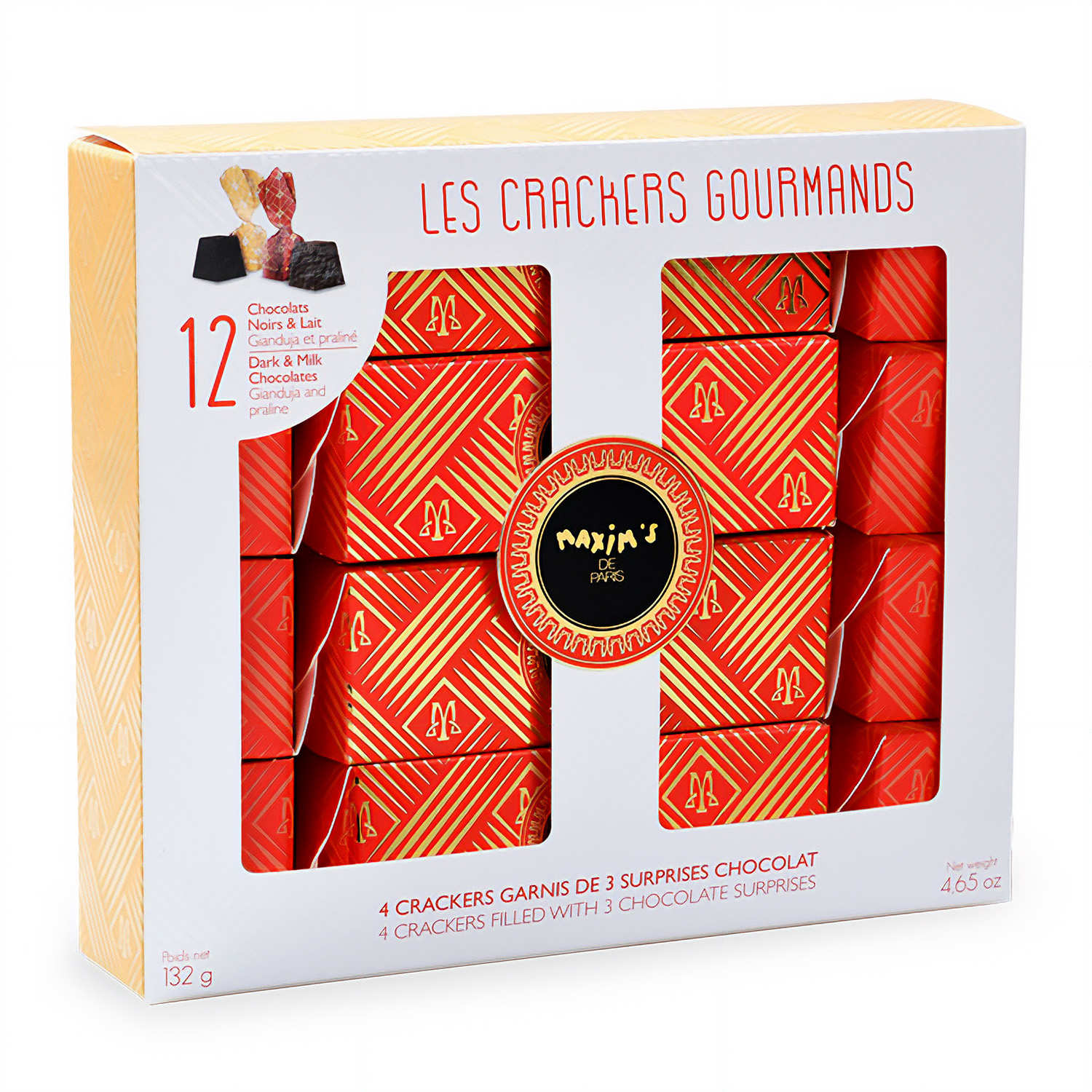 Coffret 4 crackers de Noël de 12 chocolats assortis - Maxim's - Maxim's de Paris