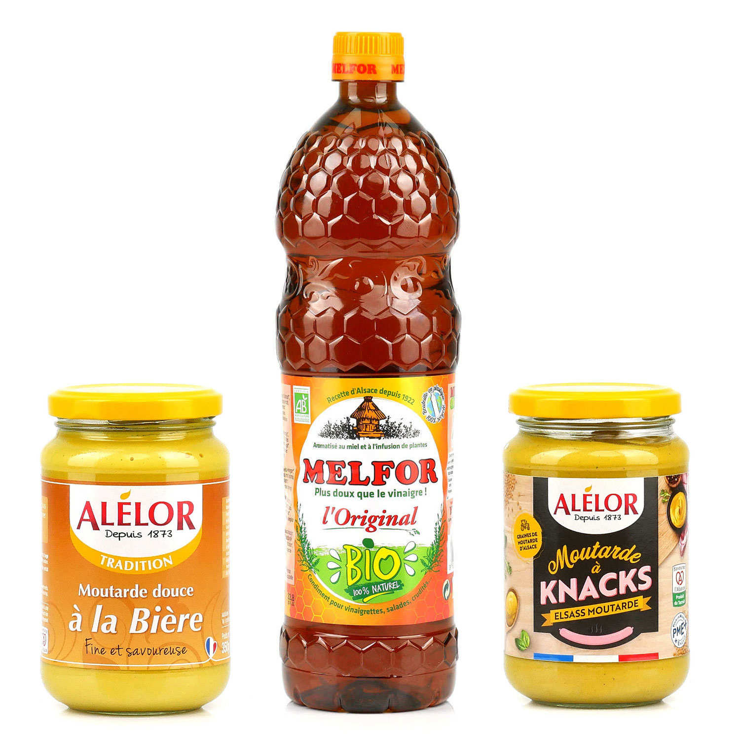 Assortment of 3 Alsatian products (mustards and vinegar) Alélor Alélor