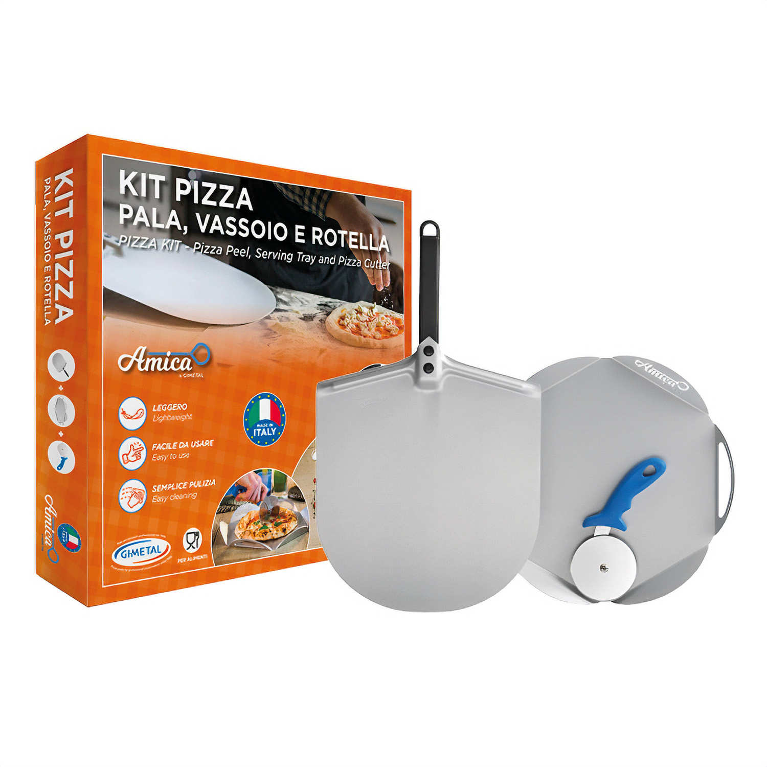 High quality stainless steel pizza kit: 30cm pizza peel, serving tray and  cutting wheel - GI Metal