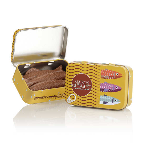 6 sardines in milk chocolate caramel crepe lace in metal box - Maison ...