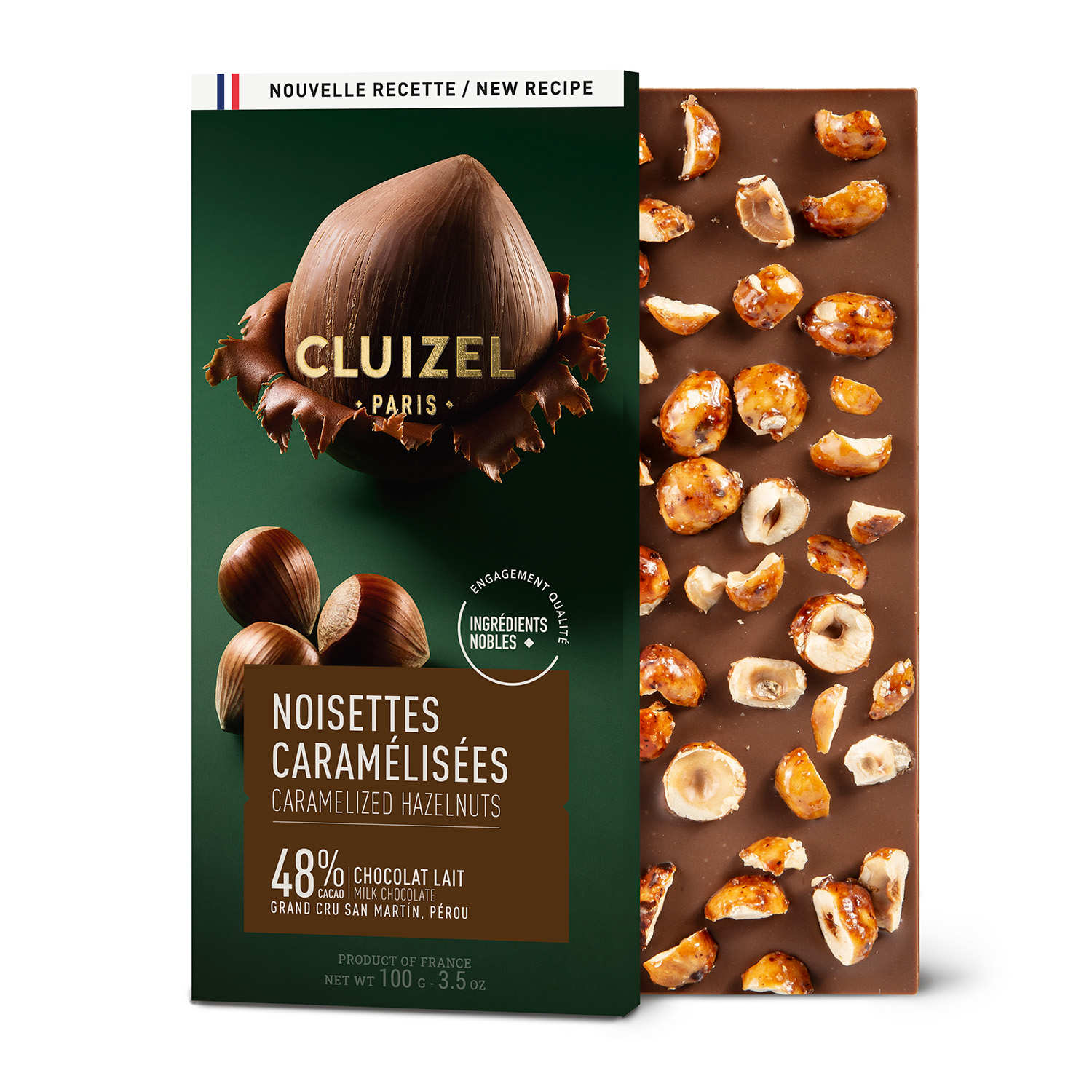 Tablette chocolat au lait 48% - Noisettes caramélisées - Cluizel