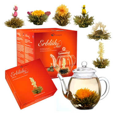 Creano Teelini Fleurs de thé en format tasse, set cadeau dans une boîte à  thé en bois, 12 fleurs de thé en 4 sortes, thé blanc, cadeau pour femme,  mère, amateur de