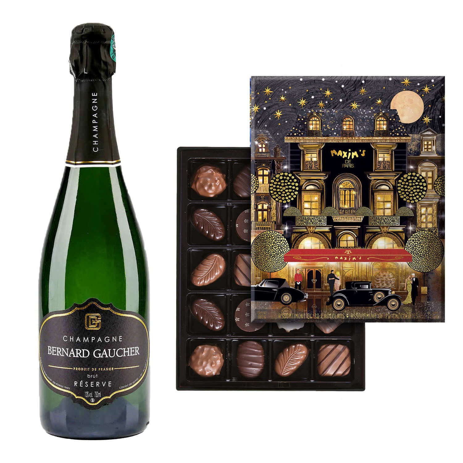 Maximors Rouge Assortment of Maxim's chocolate box and Gaucher Réserve Brut Champagne