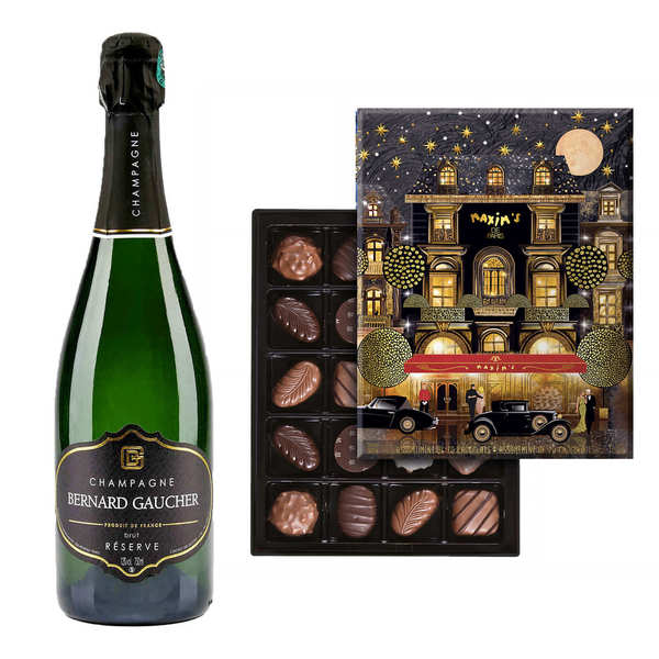 Assortment of Maxim's chocolate box and Gaucher Réserve Brut Champagne
