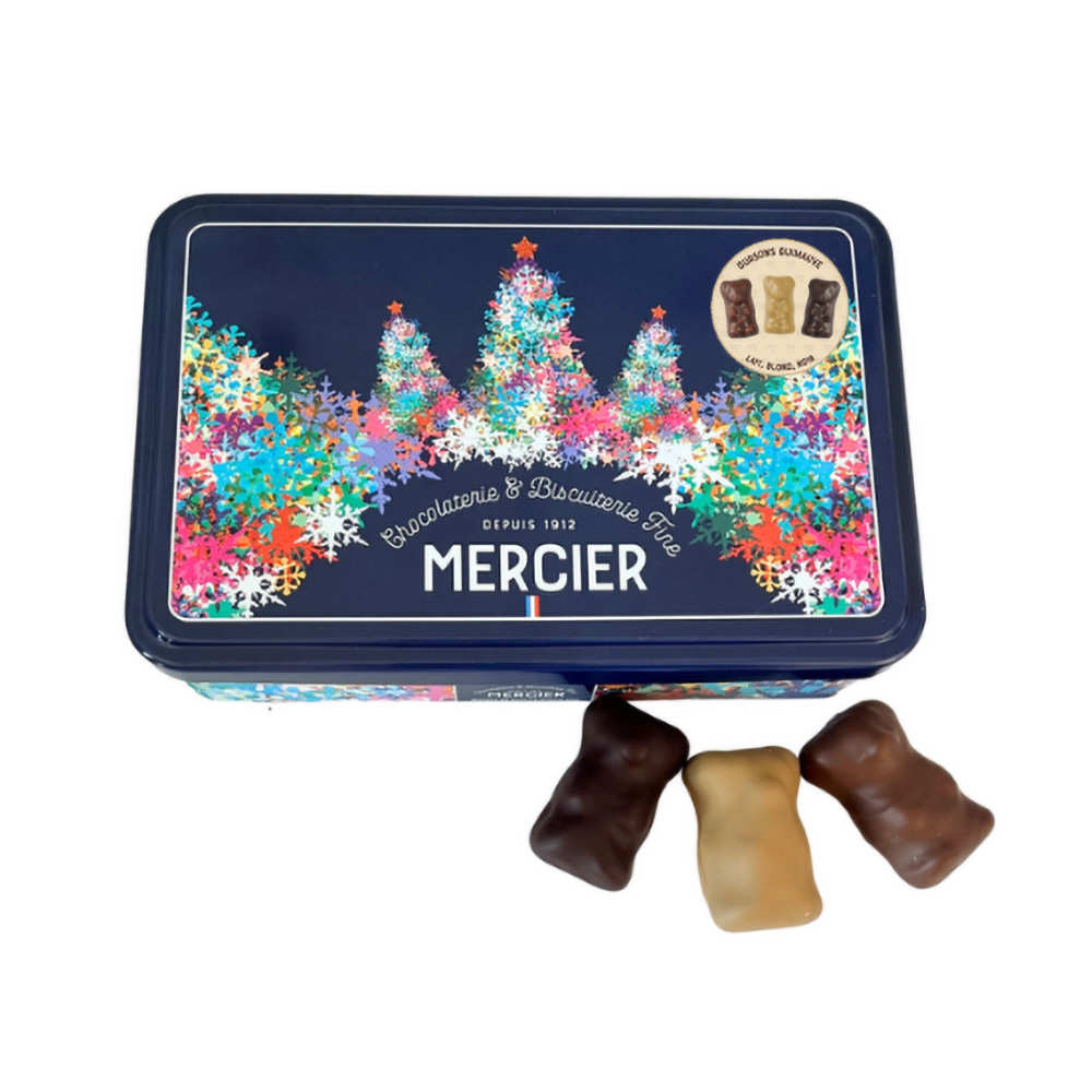 Mercier marshmallow teddy bear tin box in 3 assorted colors