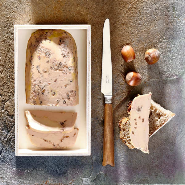 Semi Cooked Color Semi-cooked duck foie gras with roasted hazelnuts