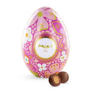 Mini œuf métal rose garni de perles de céréales enrobées de chocolat au lait