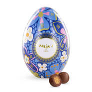 Mini œuf métal bleu garni de perles de céréales enrobées de chocolat au lait