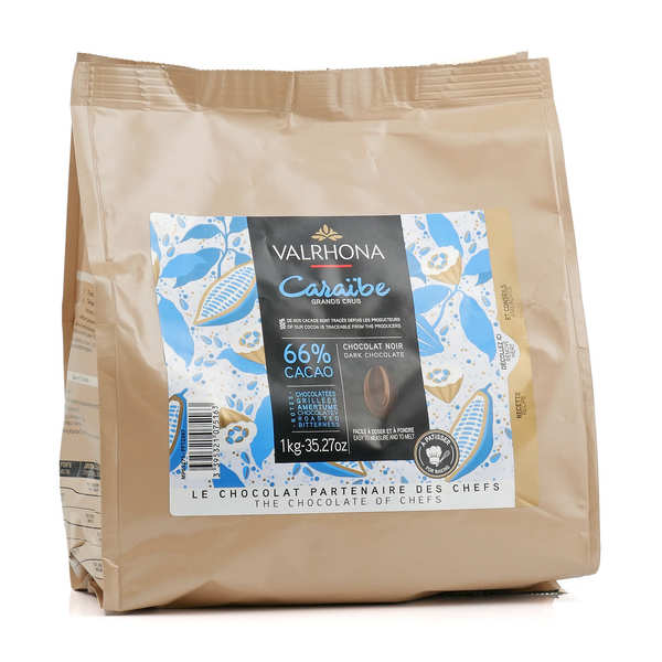 Chocolat de couverture Valrhona fèves grand cru Caraïbe noir 66% - Sachet 1kg