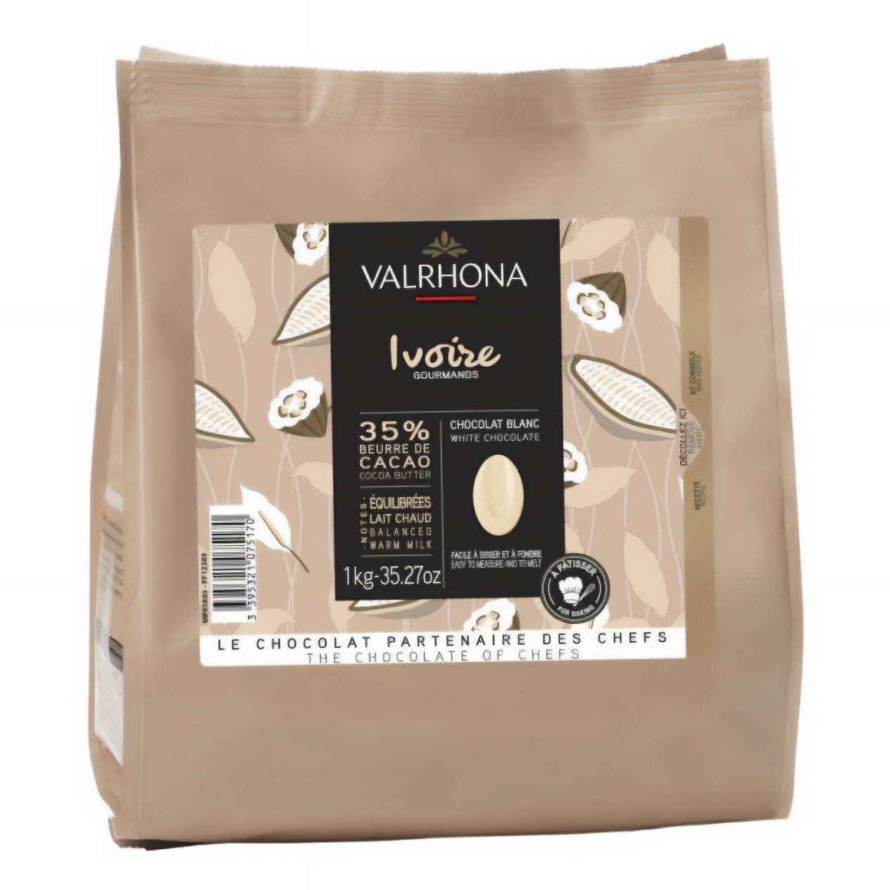 Valrhona - Chocolat Blanc Ivoire 35% Sac Fèves 1 Kg - Les Secrets Du Chef