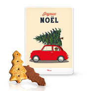 Petite boîte de spéculoos en forme de sapin nappés de chocolat décor Joyeux Noël