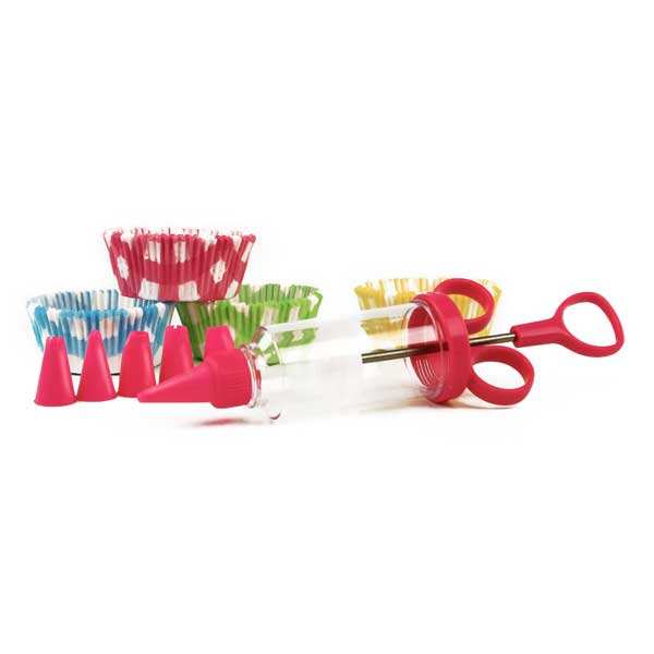 Kit pour cupcakes: caissettes + 1 seringue à décorer + 6 douilles - le kit 68 caissettes vichy