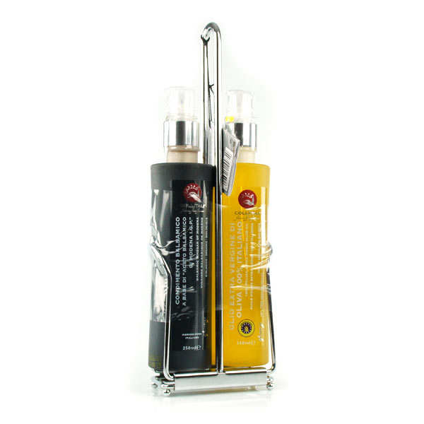 Présentoir inox sprays bio vinaigre balsamique et huile d'olive italie - 2 bouteille plastiques de 250ml et support inox
