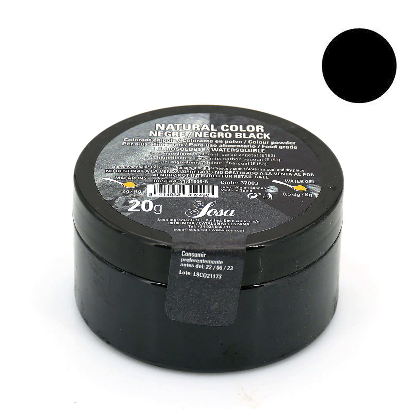 Colorant alimentaire en poudre hydrosoluble couleur noir intense - Pot de  50g