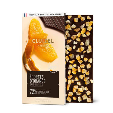 Dark chocolate with candied orange peel by Michel Cluizel Dark chocolate with candied orange peel by Michel Cluizel