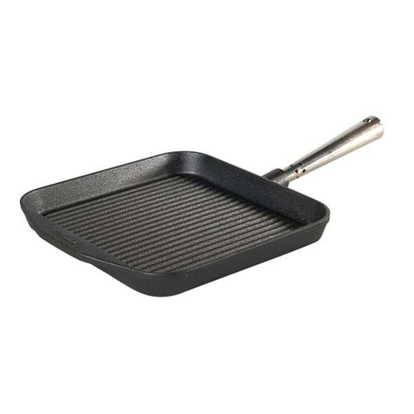 Poêle grill carrée en fonte de 24cm avec manche inox - poêle grill carré 24x24cm (poignée inox)